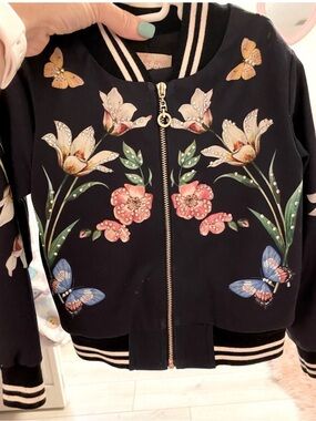 Truly Me Navy Floral & Butterfly Bomber Jacket with Sequin Accents